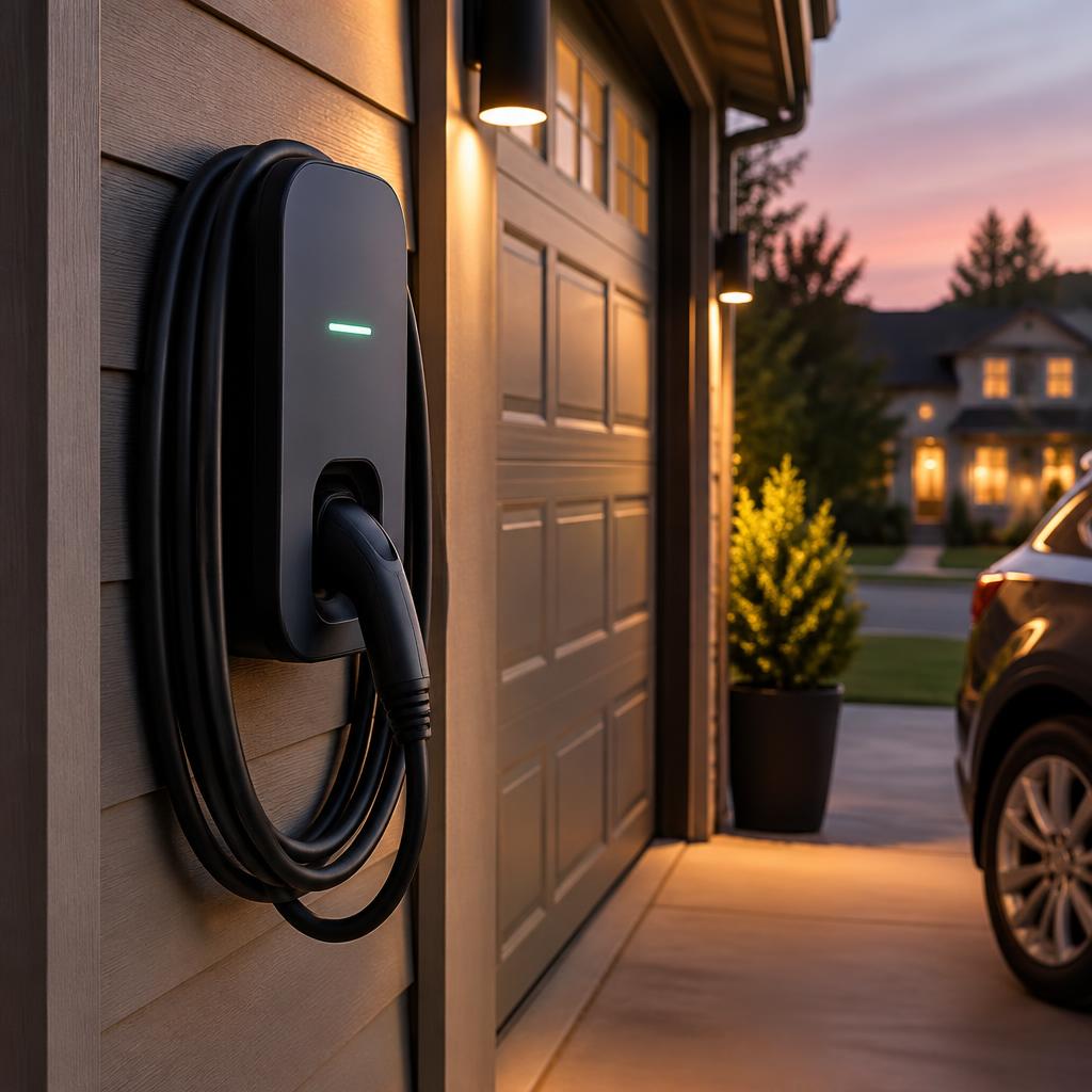 Borne de recharge pour véhicule électrique installée au garage
