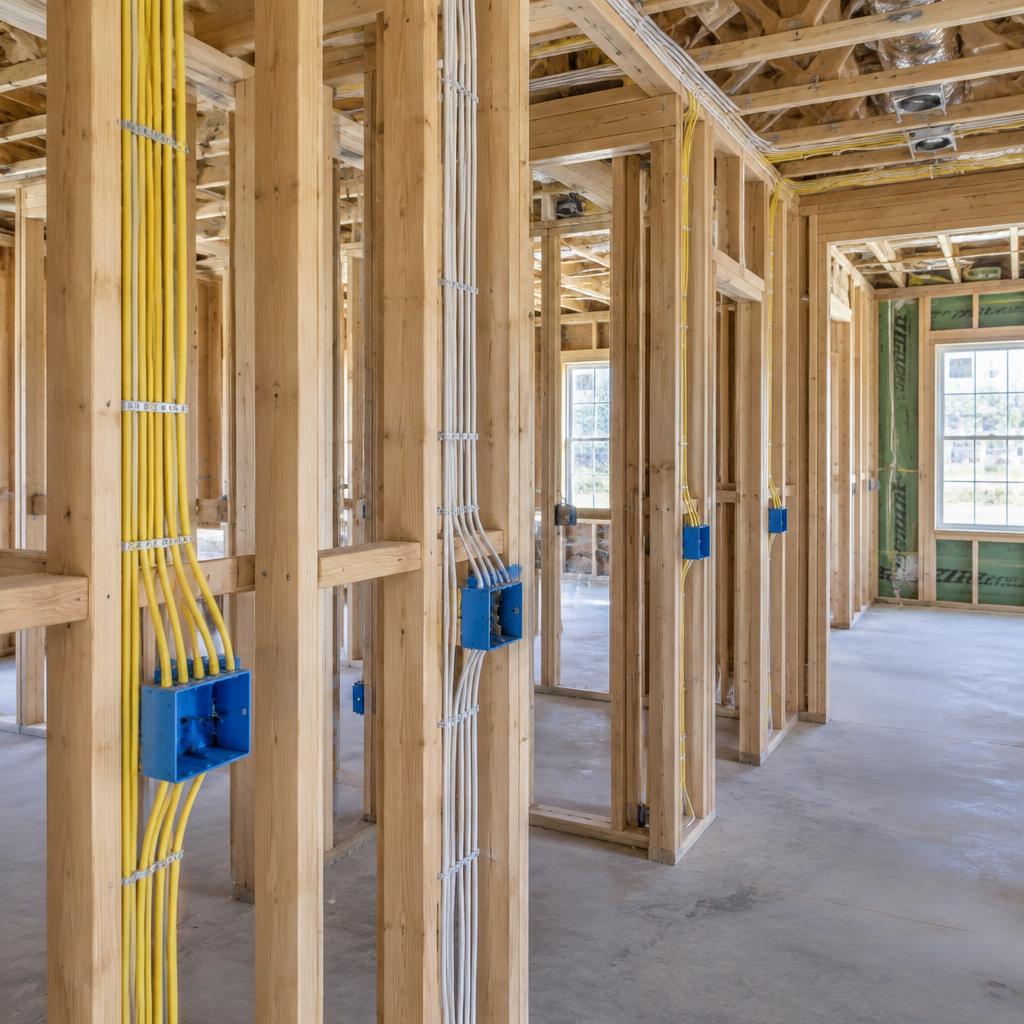 Maison en construction avec filage électrique soigneusement acheminé dans les murs
